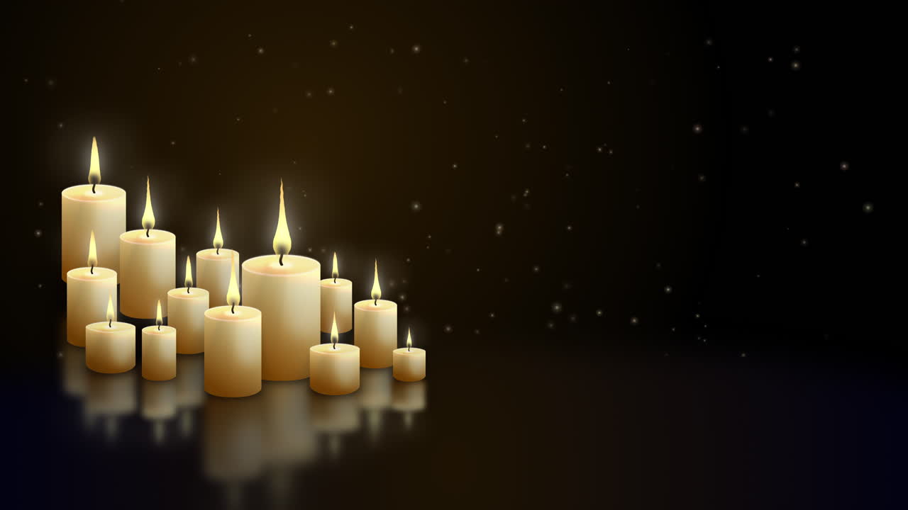 Candles burn on a night dark background with small blurred glowing particles. Looped video animation.