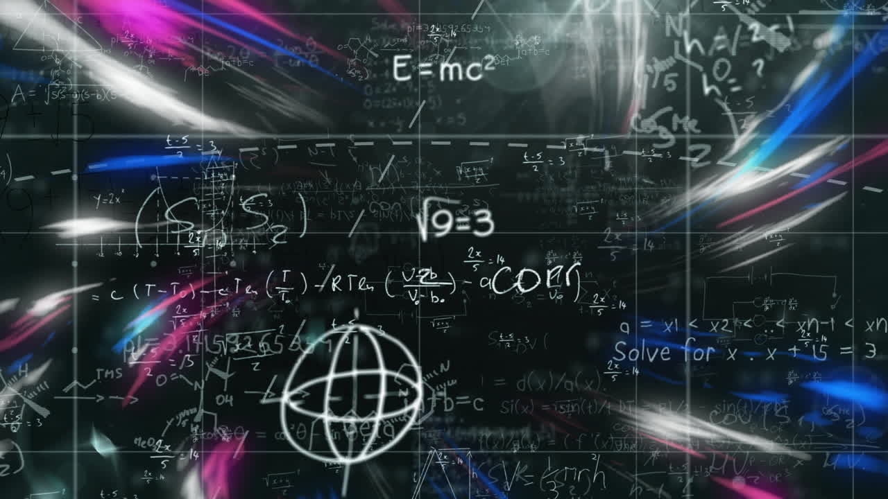 Animation of mathematical equations with dynamic light streaks in school background