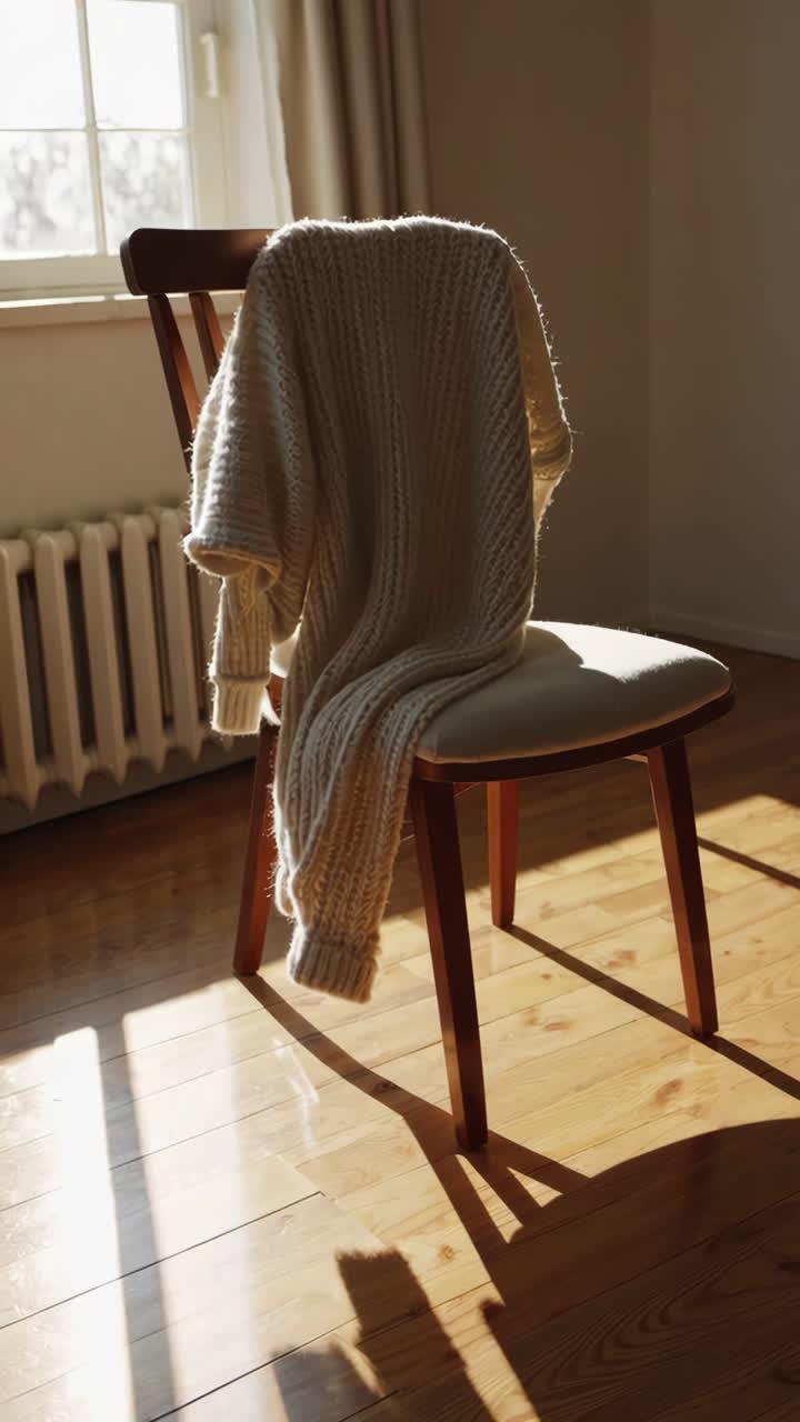 Cozy Knitted Sweater Draped Over Chair in Sunlight