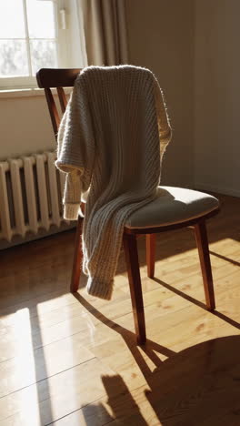 cozy knitted sweater draped over chair in sunlight