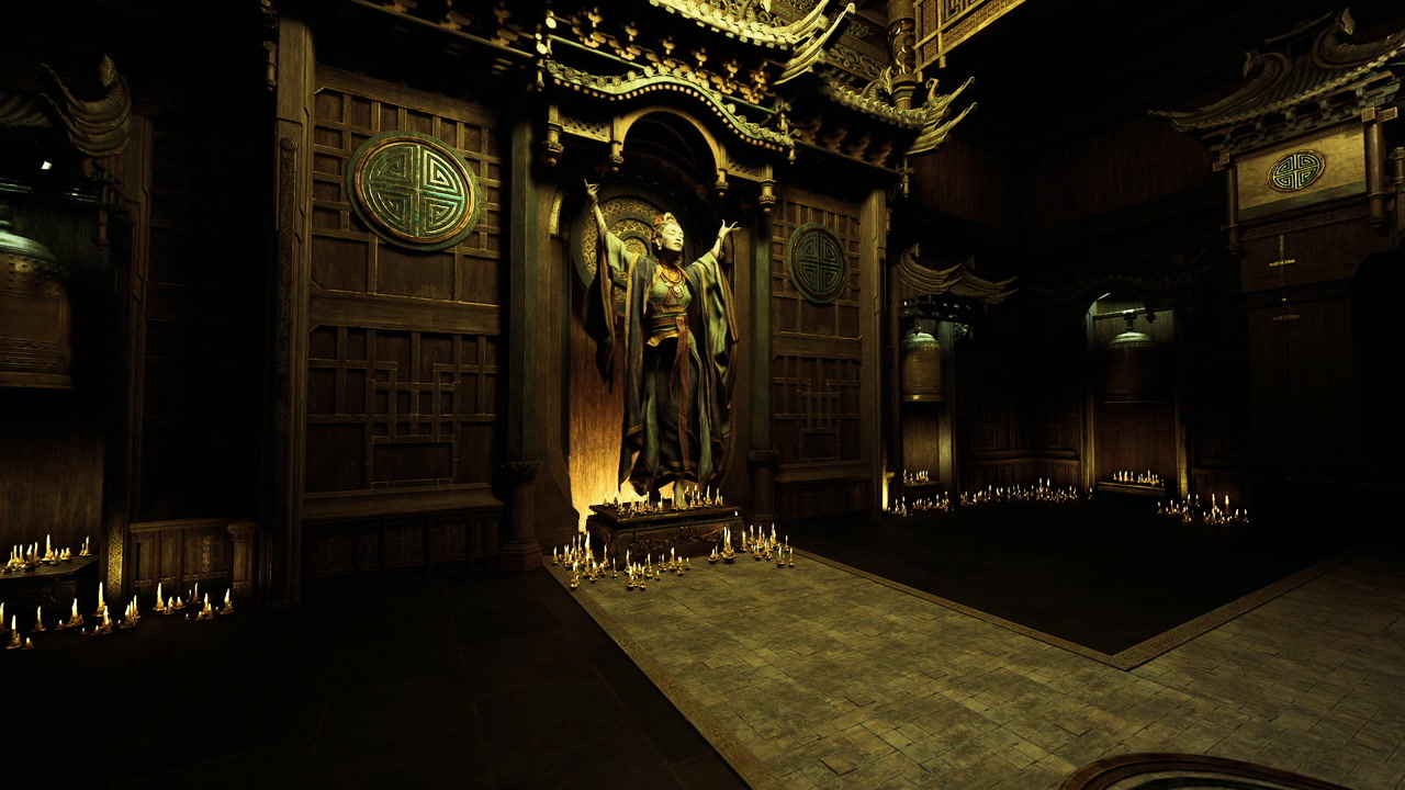 Expansive ritual environment featuring ornate furnishings and gentle lighting