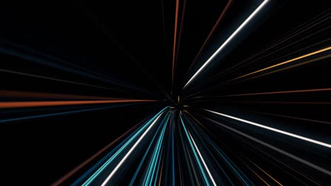 abstract colorful glowing lasers forming speed tunnel on black background, seamless loop. animation. motion graphic backdrop, speed of light, neon glowing rays in motion