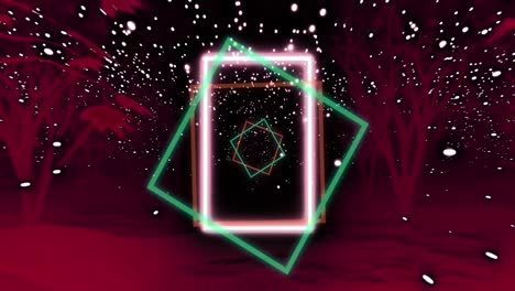 animación del marco de neón sobre los puntos de luz que caen sobre los árboles