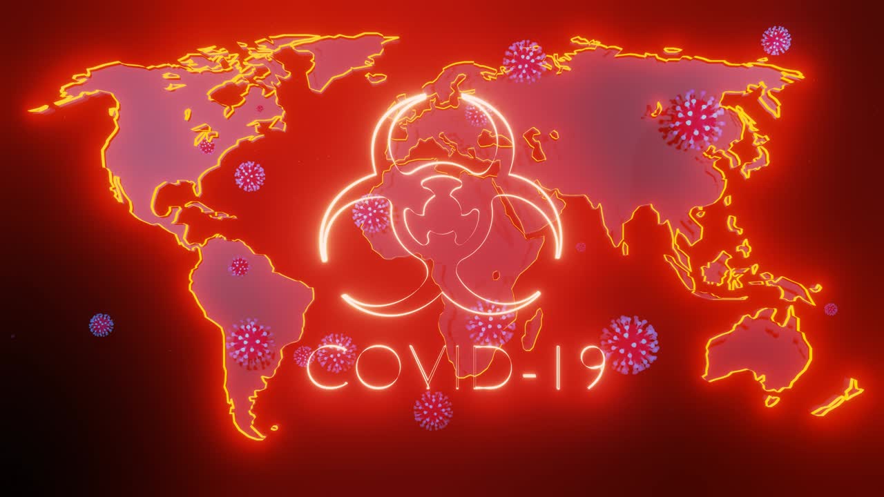 지구의 지도는 빛나는 빨간색으로 강조되어 있으며 코로나 바이러스의 입자가 그 위로 날아갑니다. 코로나바이러스 팬데의 개념 코로나19: 인류 전체에 대한 세계적 문제, 지구 격리.