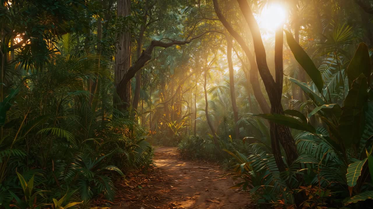 A sunlit path through a lush jungle