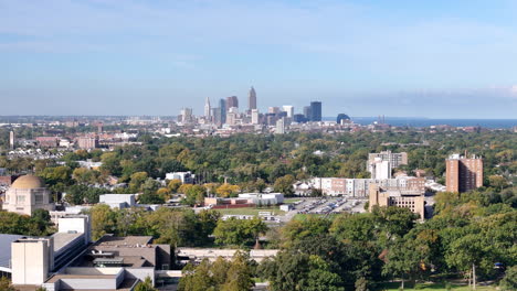 drone shot of downtown cleveland ohio usa towers and buildings from eastern suburbs