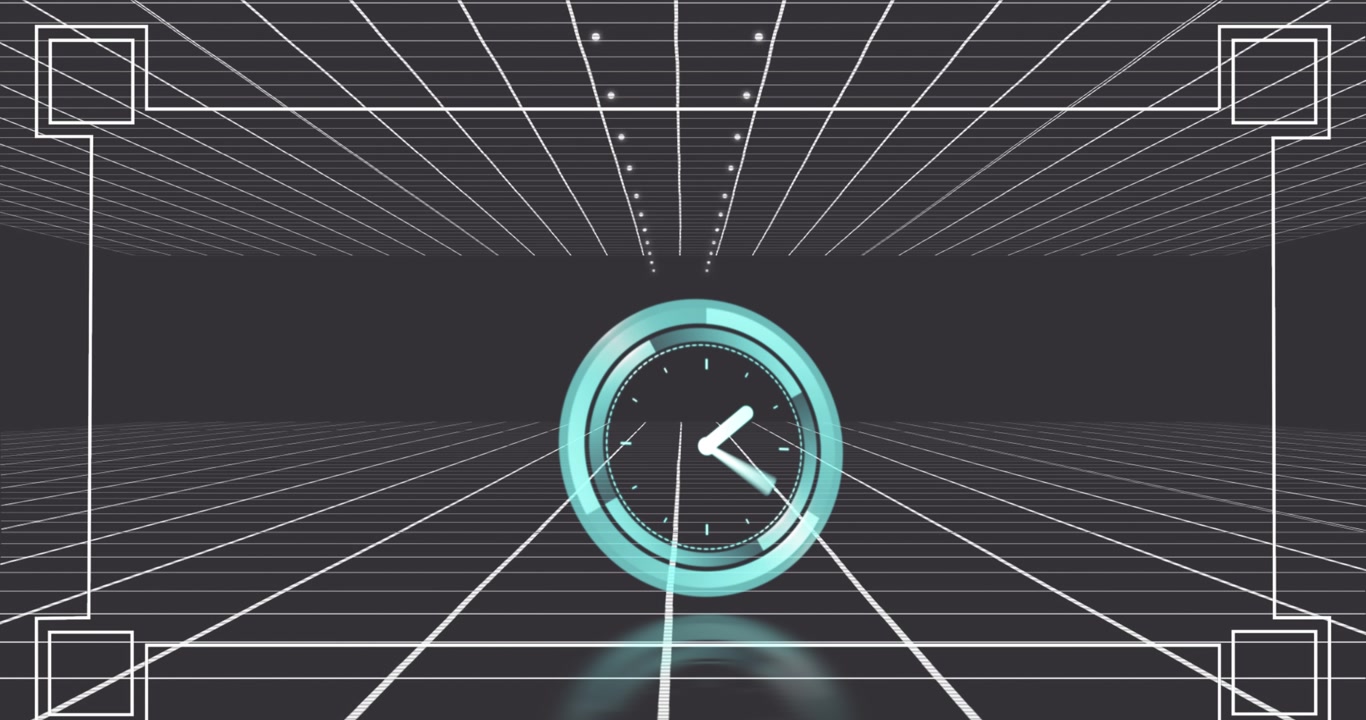 Animation of clock moving in digital space with perspective