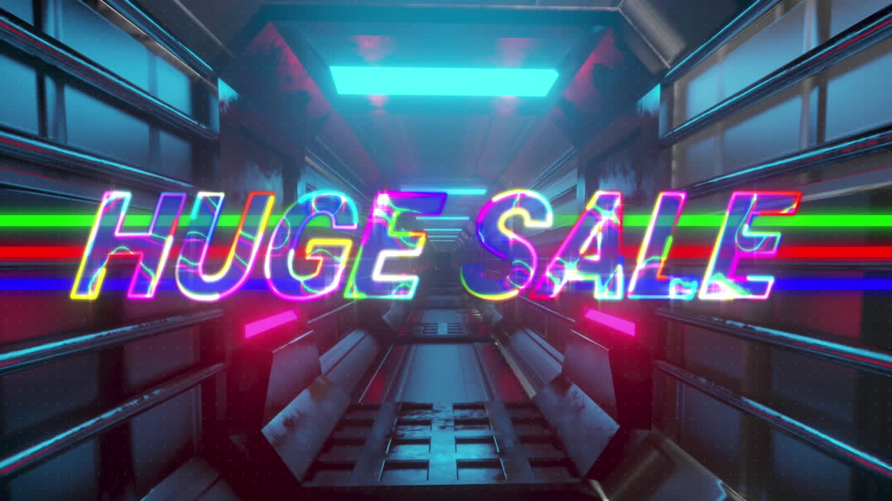 거대한 판매 텍스트와 백그라운드에서 미래의 터널 위의 원의 애니메이션