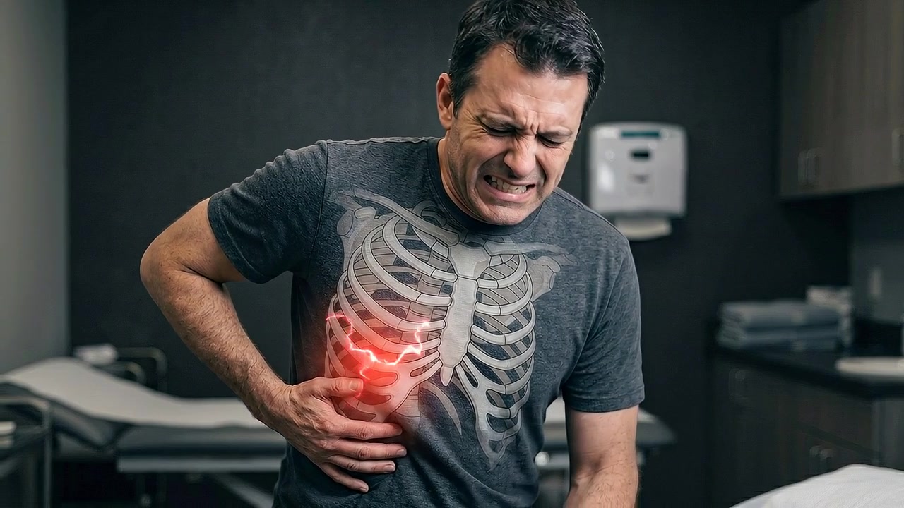 Man holding painful side and stomach with transparent rib cage overlay