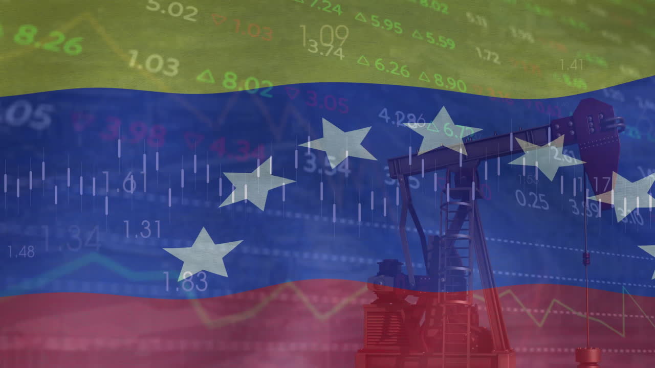 animación del procesamiento de datos financieros sobre la plataforma petrolera y la bandera de venezuela