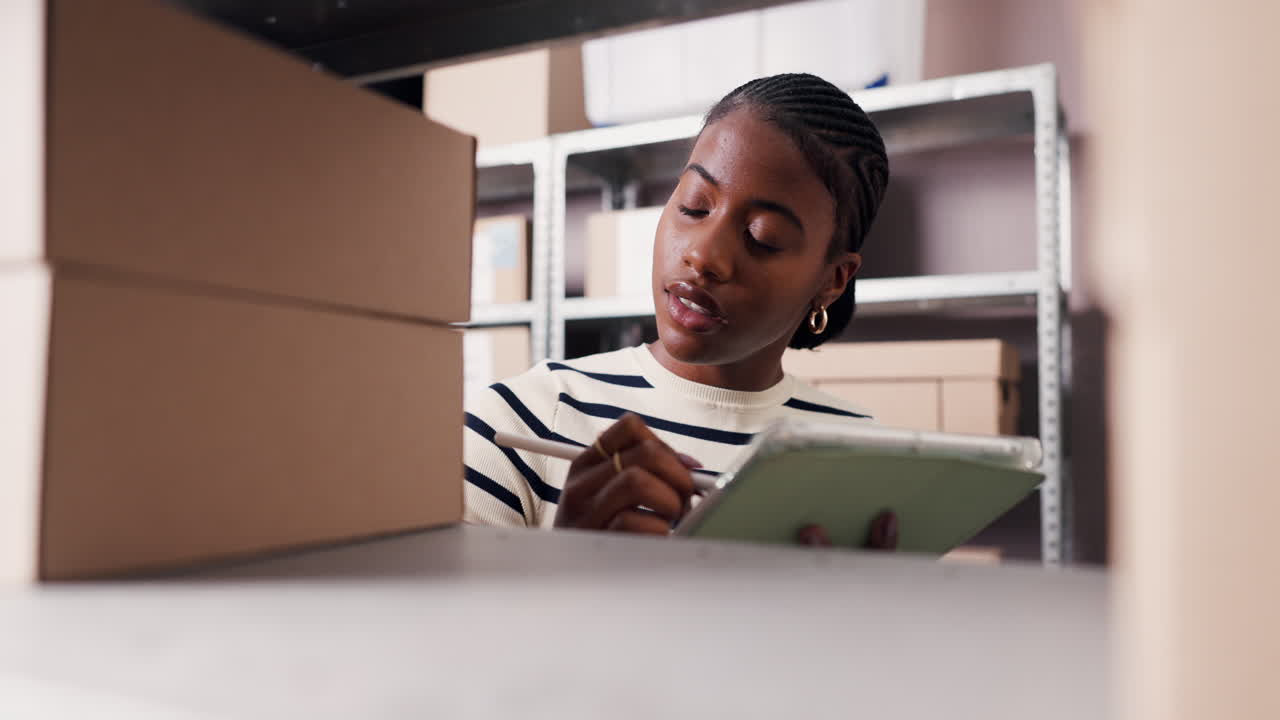Jeune femme noire vérifiant les stocks sur tablette dans un entrepôt