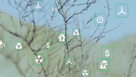animación de iconos de sostenibilidad y ecología sobre el paisaje