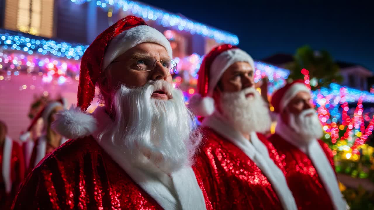 A group of festive Santas stands proudly, adorned in shimmering red suits and classic Santa hats, surrounded by vibrant holiday lights and decorations, evoking the spirit of Christmas joy and celebration