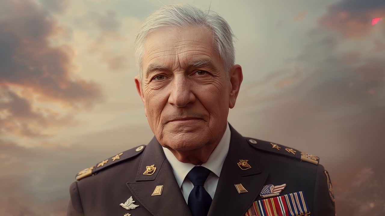Opening shot showing military officer posing against cloudy sky highlighting ribbons and medals