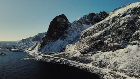drone shot of coast of lofoten during winter