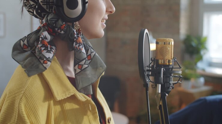 Donna con le cuffie che canta al microfono durante un concerto in diretta streaming online
