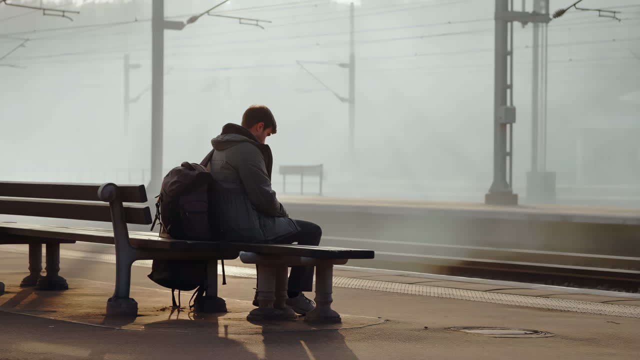 Uomo seduto su una panchina sulla banchina della stazione ferroviaria in una mattina nebbiosa