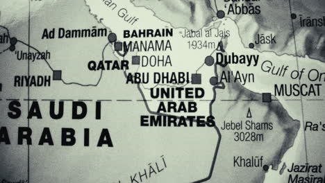 a close-up, monochrome map of the arabian peninsula, showing countries like saudi arabia, uae, qatar, bahrain, kuwait, and oman