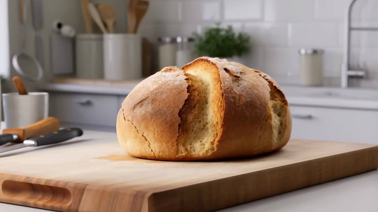 Freshly Baked Loaf of Bread on a Cutting Board in a Kitchen