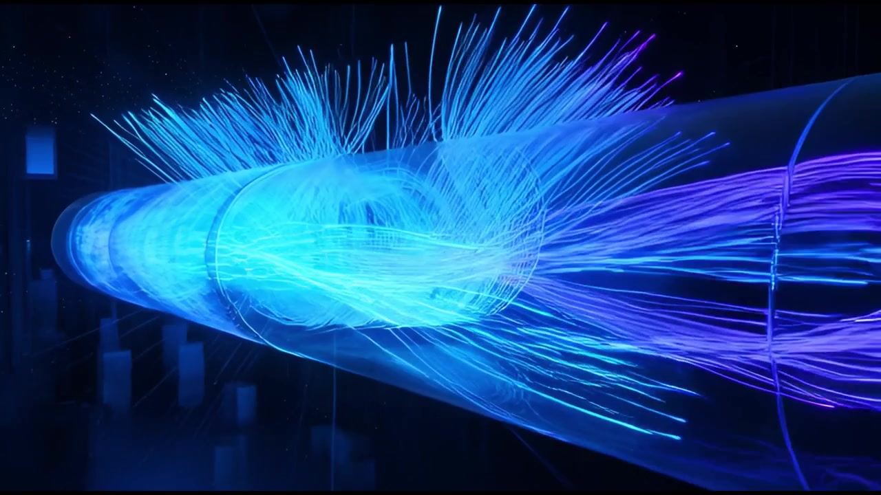 Abstract Visualization of Glowing Blue Light Particles Flowing Through a Transparent Tube