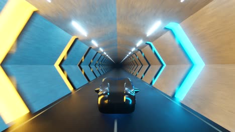 flying robot behind the wheel of a futuristic car in a long tunnel. back view. artificial intelligence and the concept of the future. seamless loop 3d render.