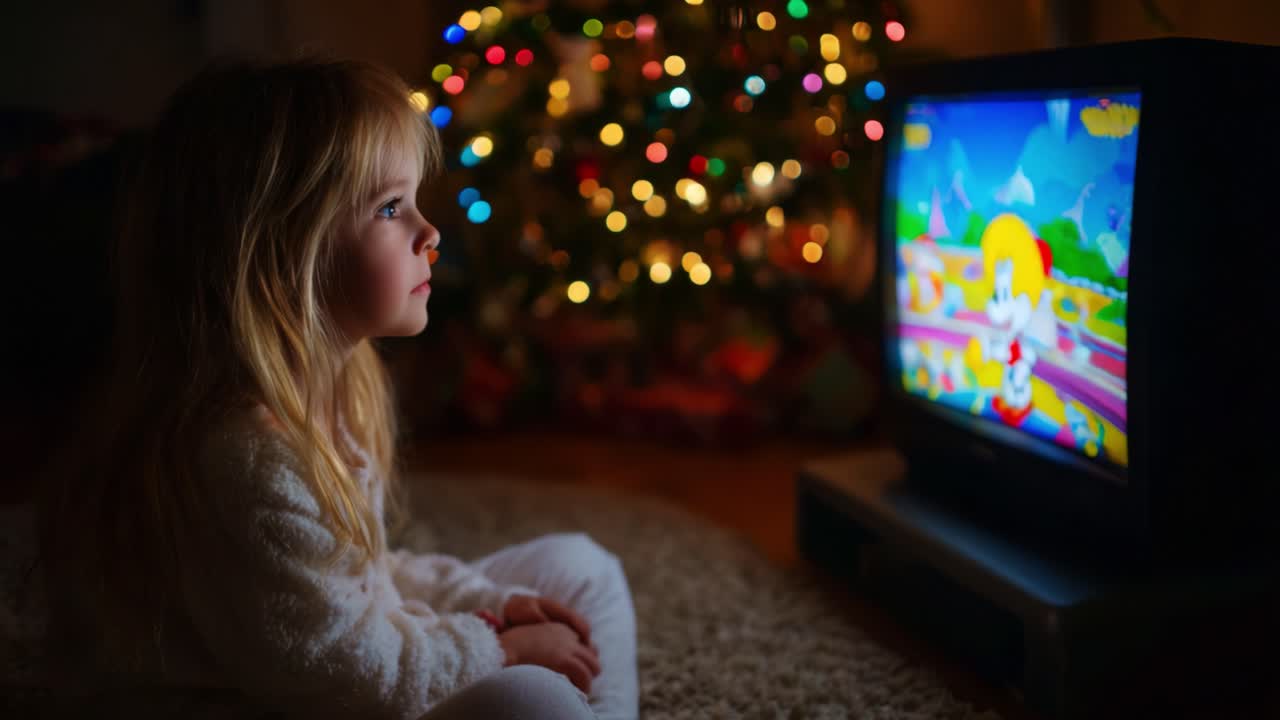A Young Child Captivated by Colorful Animation on Television, Sitting in Cozy Atmosphere Surrounded by Holiday Cheer and Twinkling Lights of a Christmas Tree
