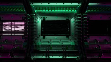 flying into spaceship tunnel, sci-fi spaceship corridor. futuristic technology for technical titles and backgrounds. internet traffic graphics, speed. 3d rendering. 4k animation of seamless loop