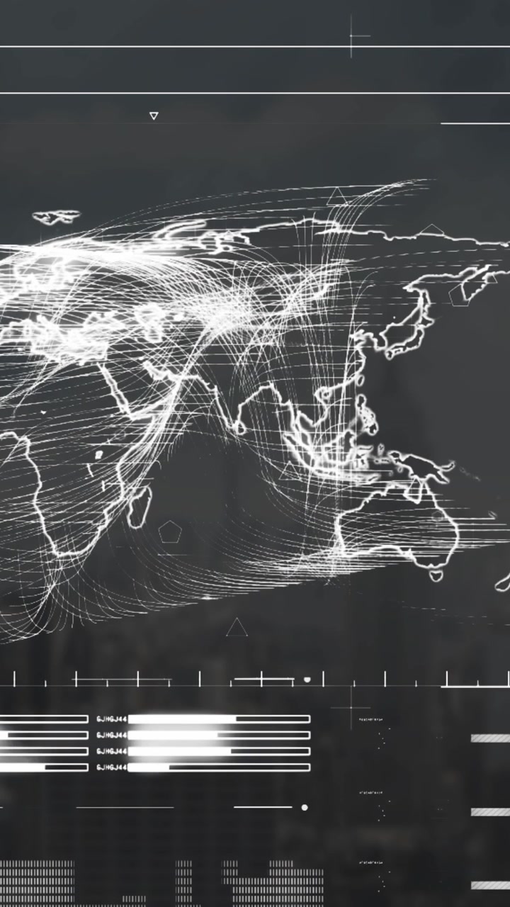 Animation of interface with data processing over world map against aerial view of cityscape