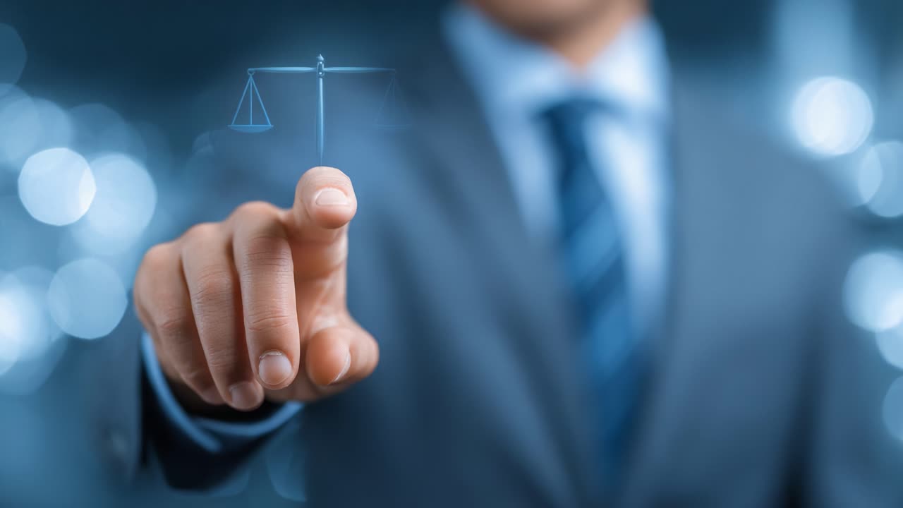 A Professional in Business Attire Interacting with a Digital Representation of Justice Scales, Symbolizing Fairness and Legal Proceedings in a Modern Context