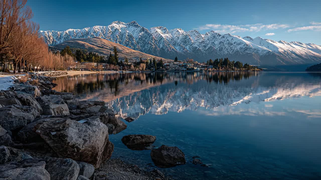 Splendido riflesso mattutino di montagne innevate in un lago sereno, circondato da alberi dai colori vivaci e natura incontaminata.