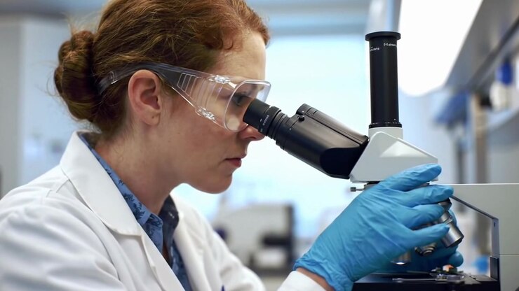Female scientist conducting research using microscope in laboratory