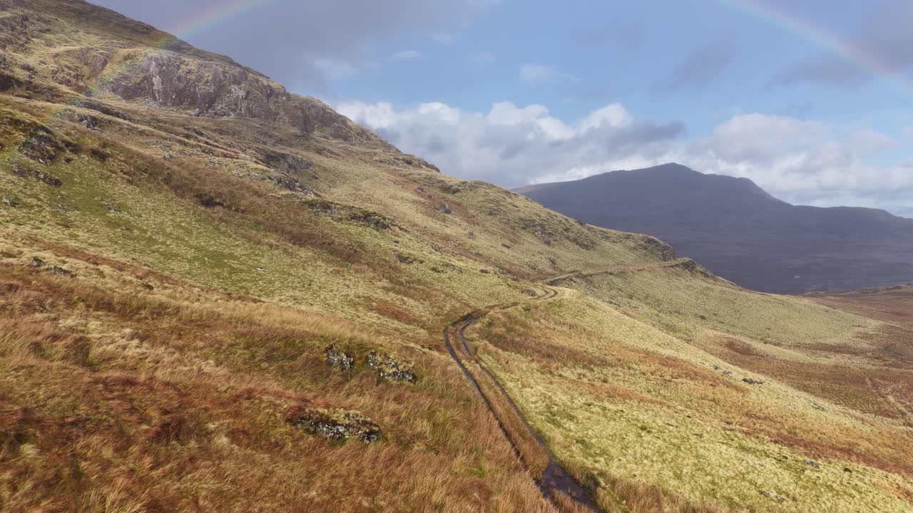 Aerial drone video showcasing the rugged highland landscapes of Snowdonia in North Wales, capturing dramatic mountains, natural wilderness, and sweeping scenic beauty