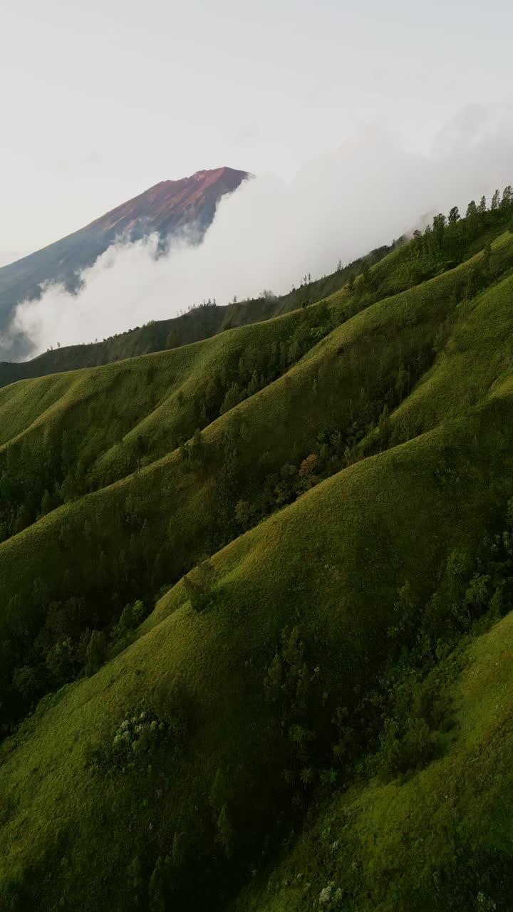 Cahaya pagi menyebar di Bukit Trunyan dan lembah hijaunya yang luas, saat video vertikal menampilkan bukit-bukit yang rimbun dan siluet dramatis Gunung Agung yang menjulang di latar belakang