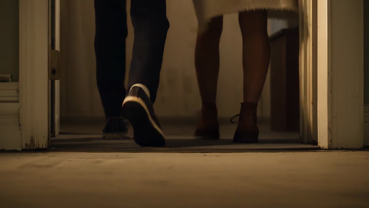 Coppia che entra in casa, si ferma sulla soglia, scarpe da ginnastica e stivaletti, orlo dell’abito leggero che supera una scatola