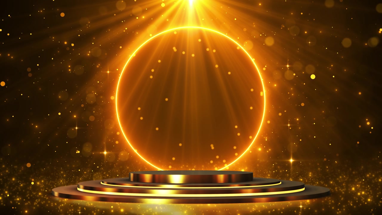 Golden circle podium spotlight background with glowing ring warm rays luxury platform and sparkling