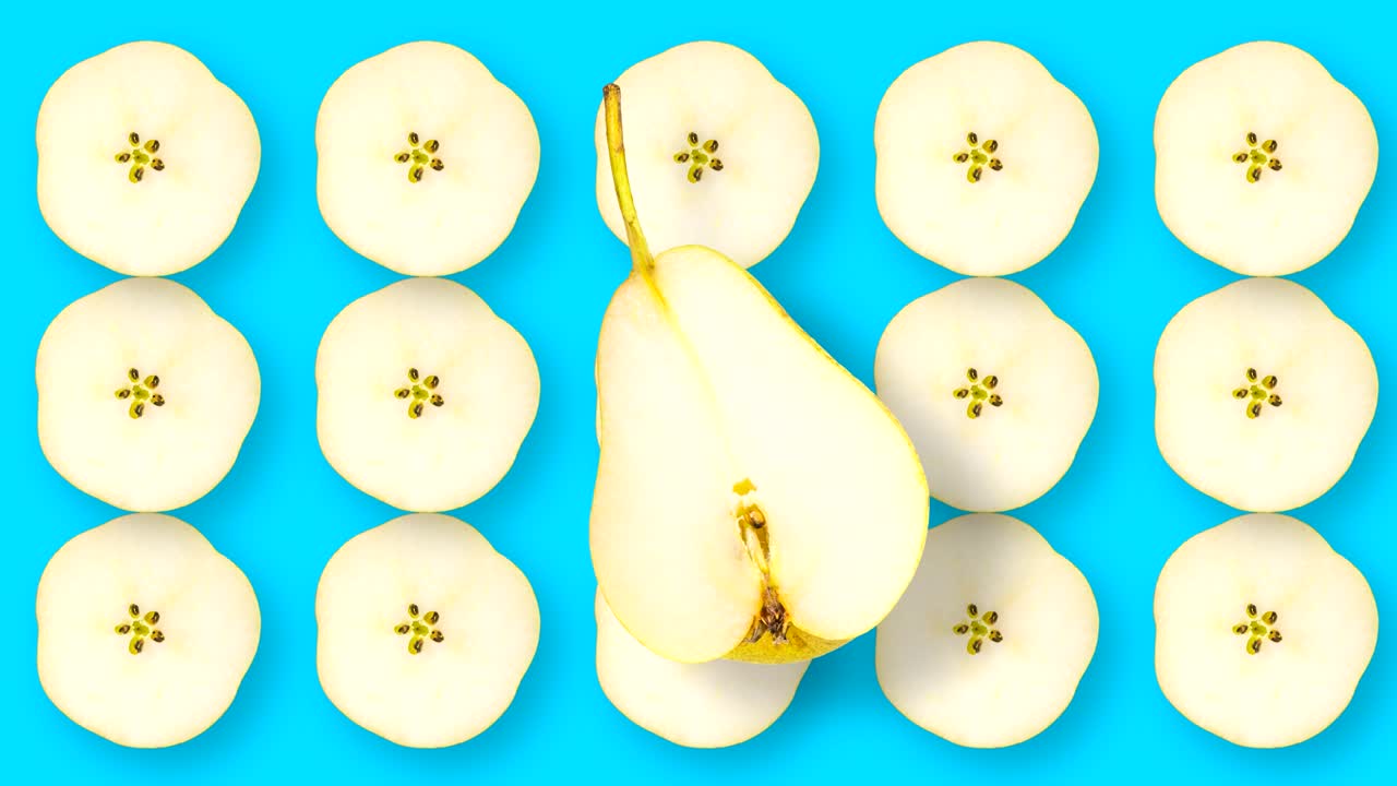 película de animación con frutas en movimiento y giratorias