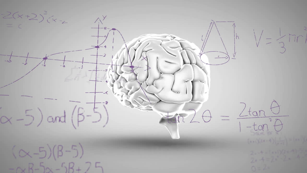 animación de procesamiento de datos matemáticos sobre el cerebro humano en fondo gris