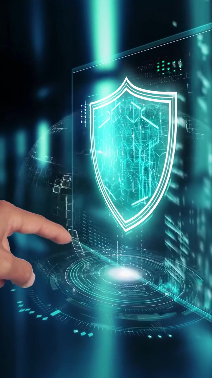 Mano umana che attiva un'interfaccia futuristica di scudo per la cybersicurezza