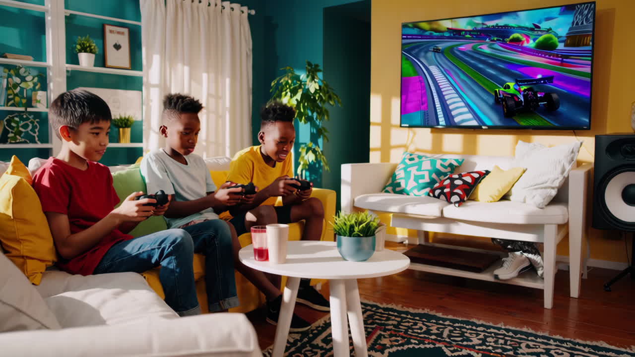 Three Young Boys Enthusiastically Play and Celebrate While Playing a Racing Video Game in a Living Room