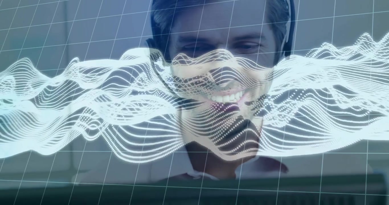 Bambino che succhia il dito mentre una forma d'onda bianca pulsa su una griglia guidando un tecnico del suono che monitora l'audio