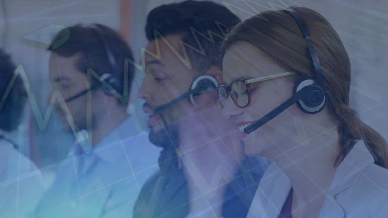 Digital composite of team of customer service executives working at desk