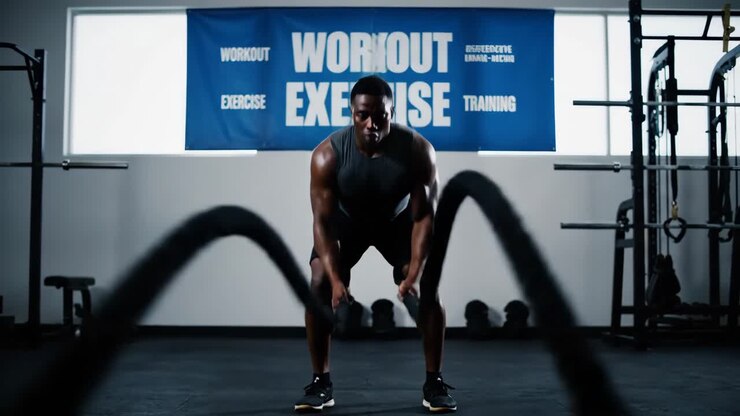 Man working out with battle ropes at the gym