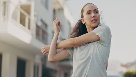 woman, fitness or stretching arms in city workout