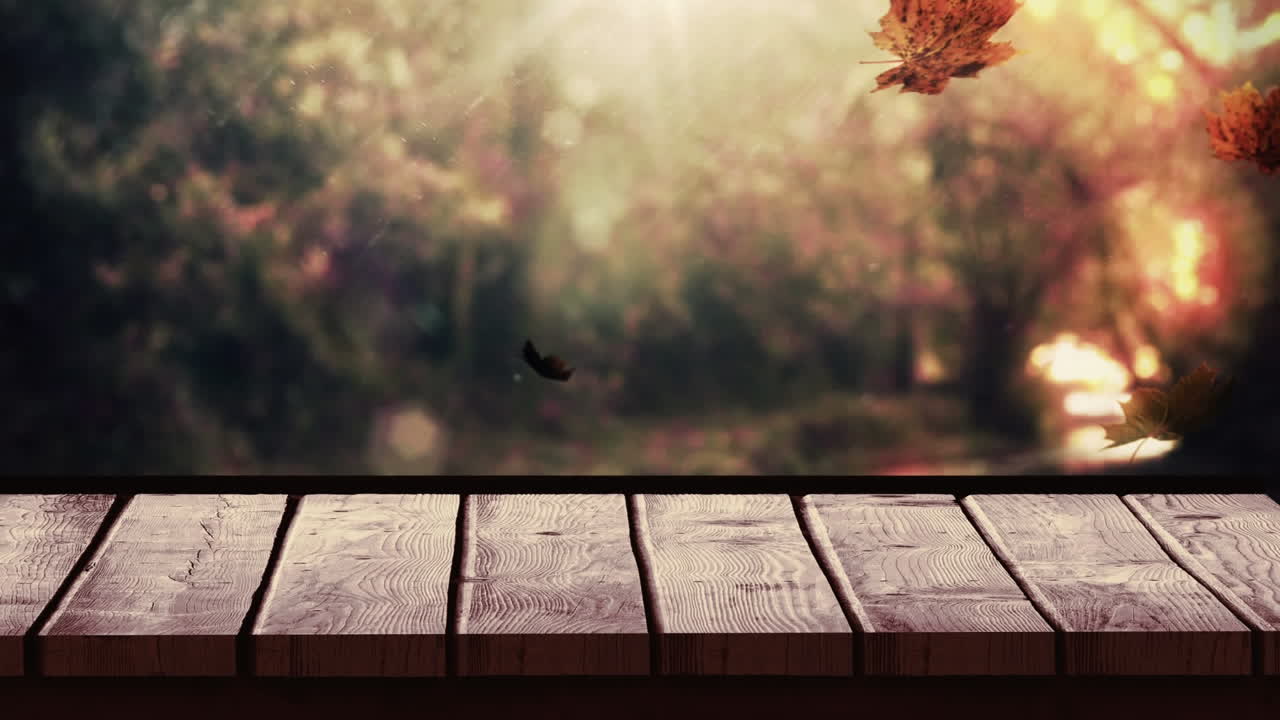 Wooden plank against autumn leaves 4k