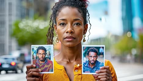 una mujer sosteniendo dos fotos de un hombre y una mujer