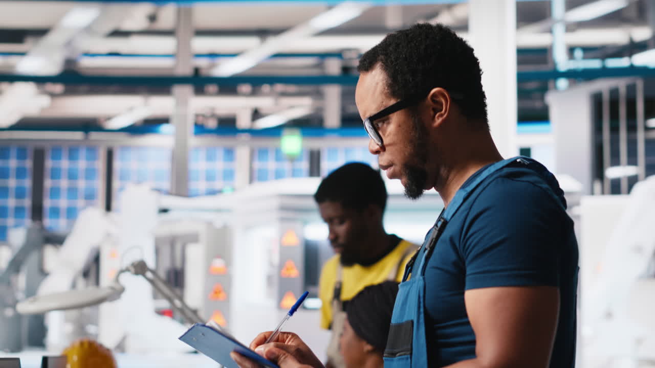 Vertical Video Photovoltaics factory supervisor reviews industrial guidelines of solar plant