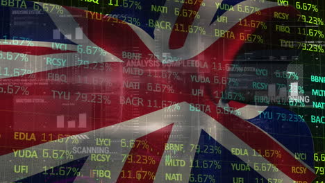 animation of financial data and graphs over waving flag of great britain