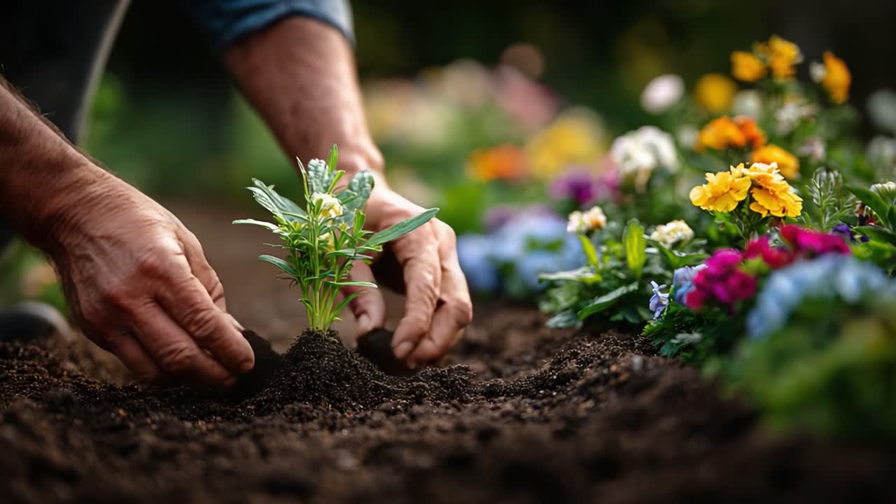 Gardener's Care: Nurturing New Life in the Flower Bed by Planting Young Seedlings Among Vibrant Blooms and Rich Soil for a Flourishing Garden Experience