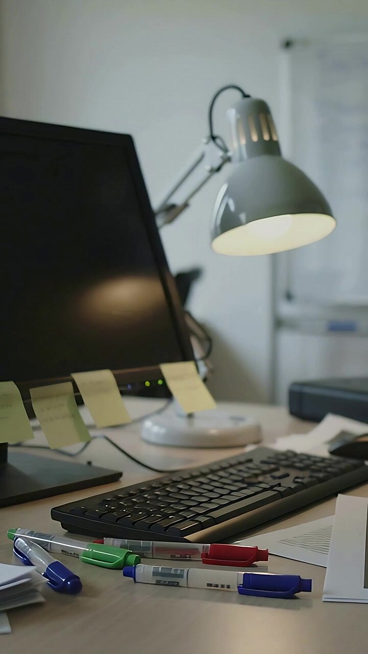 Vídeo vertical: Afastando a câmera para revelar uma mesa de escritório bagunçada, mostrando notas adesivas e uma luminária acesa