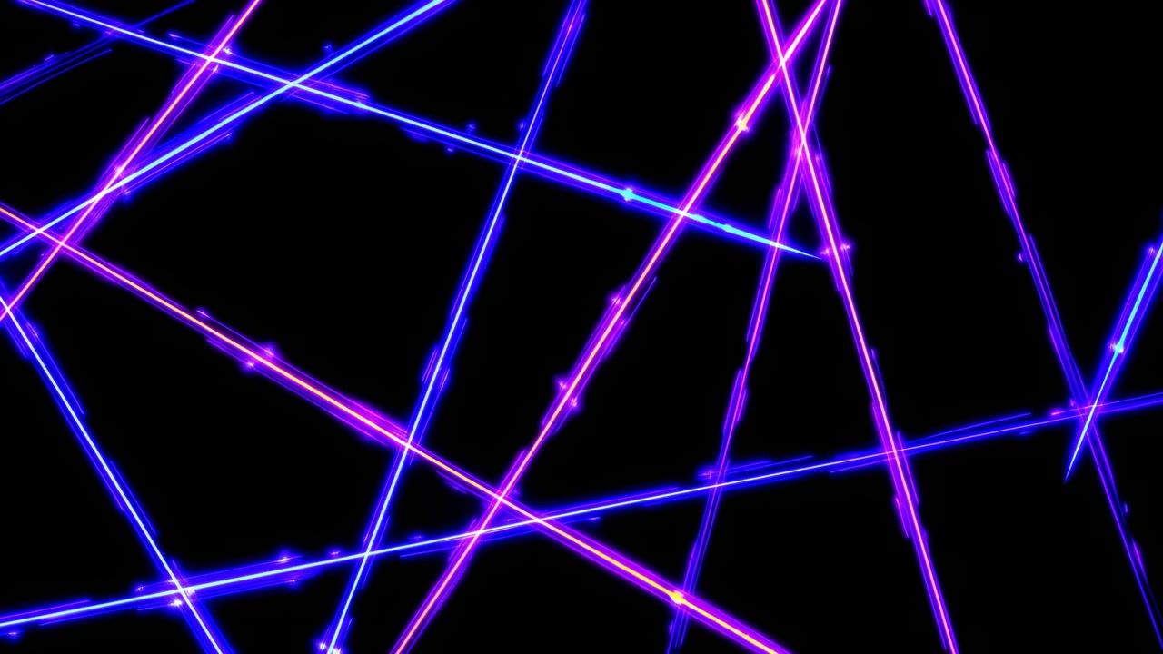 Fitta rete di barre affusolate e scie luminose che si muovono attraverso uno spazio negativo nero intenso, con luce blu elettrico e magenta vivido, nuclei giallo-rosa caldi, intersezioni nette e forte.